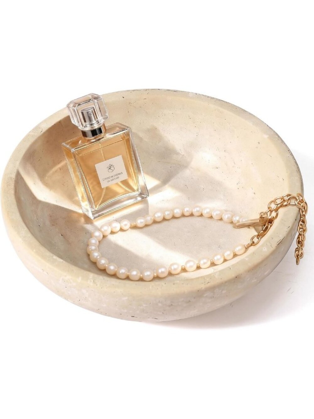 Modern 7.8” Travertine Marble Decorative Bowl - Natural Stone Centerpiece & Key